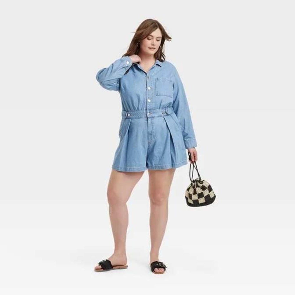 NWT Universal Thread Womens Denim Utility Romper Medium Wash Long Sleeve Size 22